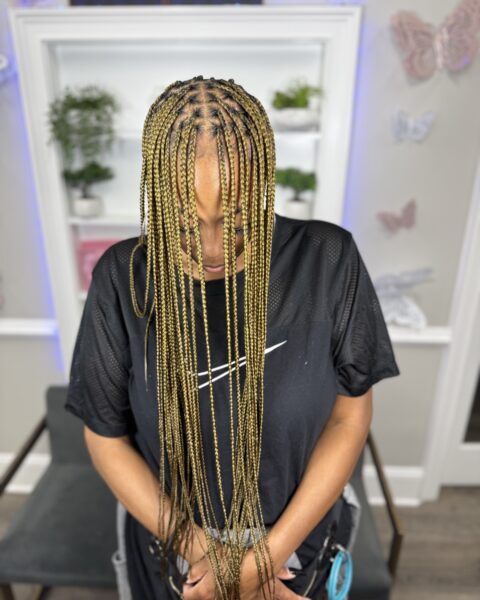 Blond Knotless Braids – long knotless braids in radiant blonde, Afro Luxe Braiding Bar, Laurel MD