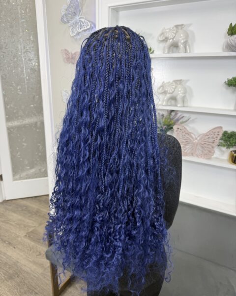Blue Bohemian Braids – knotless boho braids with curly ends in bold blue, Afro Luxe Braiding Bar, Laurel MD