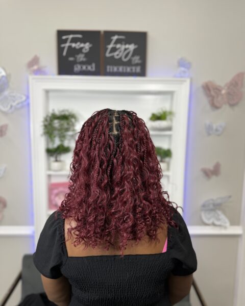 Burgundy Boho Braids – knotless boho braids with curly ends in rich burgundy, Afro Luxe Braiding Bar, Laurel MD