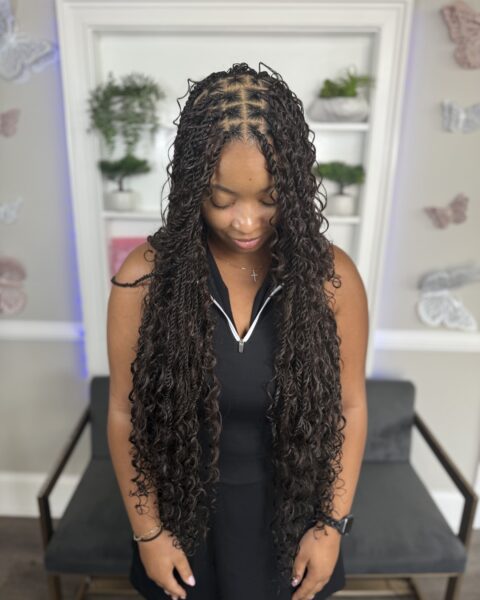 Butt Length Passion Twist – extra-long passion twists with curly ends, Afro Luxe Braiding Bar, Laurel MD