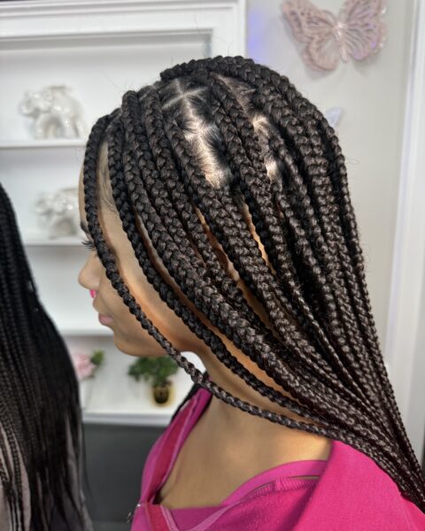 Clean Parts Knotless Braids – neat knotless braids with crisp clean parts, Afro Luxe Braiding Bar, Laurel MD