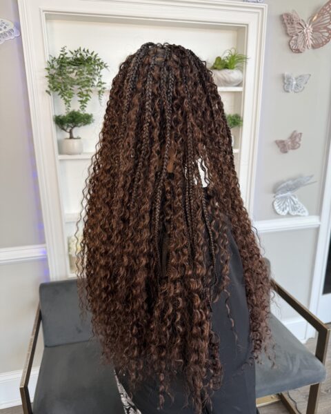 Color 33 Boho Braids – long boho braids in dark brown color 33 with curly ends, Afro Luxe Braiding Bar, Laurel MD
