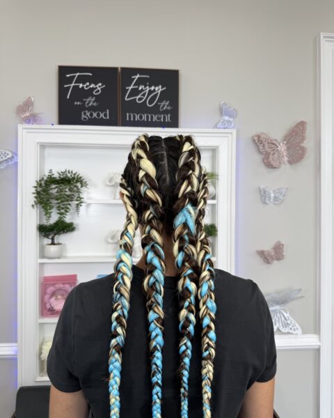 Colorful Large Carnival Cornrows – bold large cornrows in vibrant color mixes, Afro Luxe Braiding Bar, Laurel MD