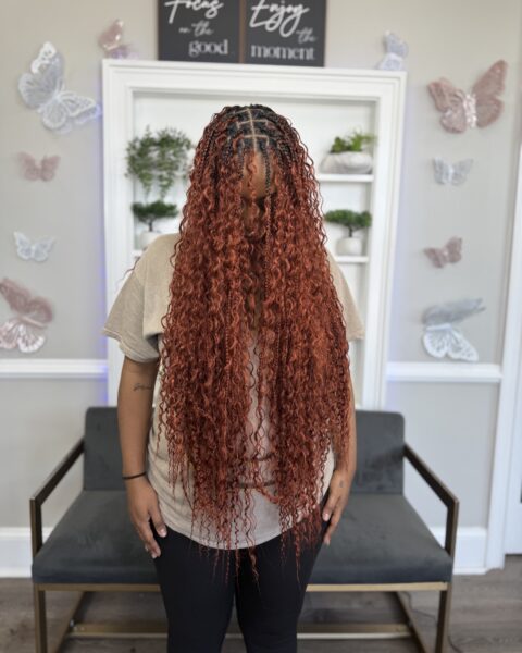 Copper Boho Braids – long boho braids in radiant copper with curly ends, Afro Luxe Braiding Bar, Laurel MD