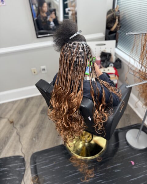 Making French Curls – behind the chair at Afro Luxe Braiding Bar, Laurel MD