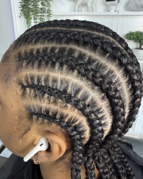 Medium Stitch Braids – medium stitch cornrows with crisp parts, Afro Luxe Braiding Bar, Laurel MD