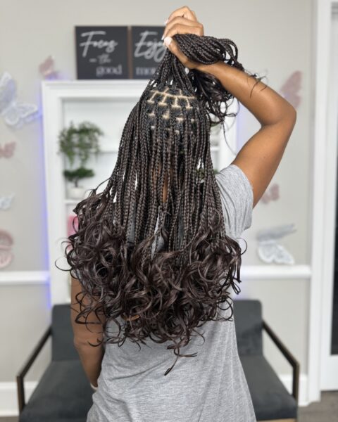 Midback French Curls – mid-back braids with lush french curls, Afro Luxe Braiding Bar, Laurel MD
