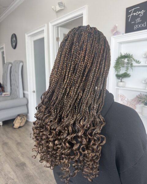 Pick and Drop Braids – knotless pick and drop braids with curly ends, Afro Luxe Braiding Bar, Laurel MD